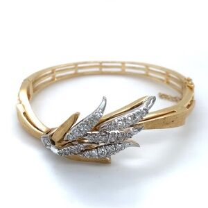 Yellow Gold Diamond Bangle Bracelet Asymmetrical Leaf Design Safety Chain